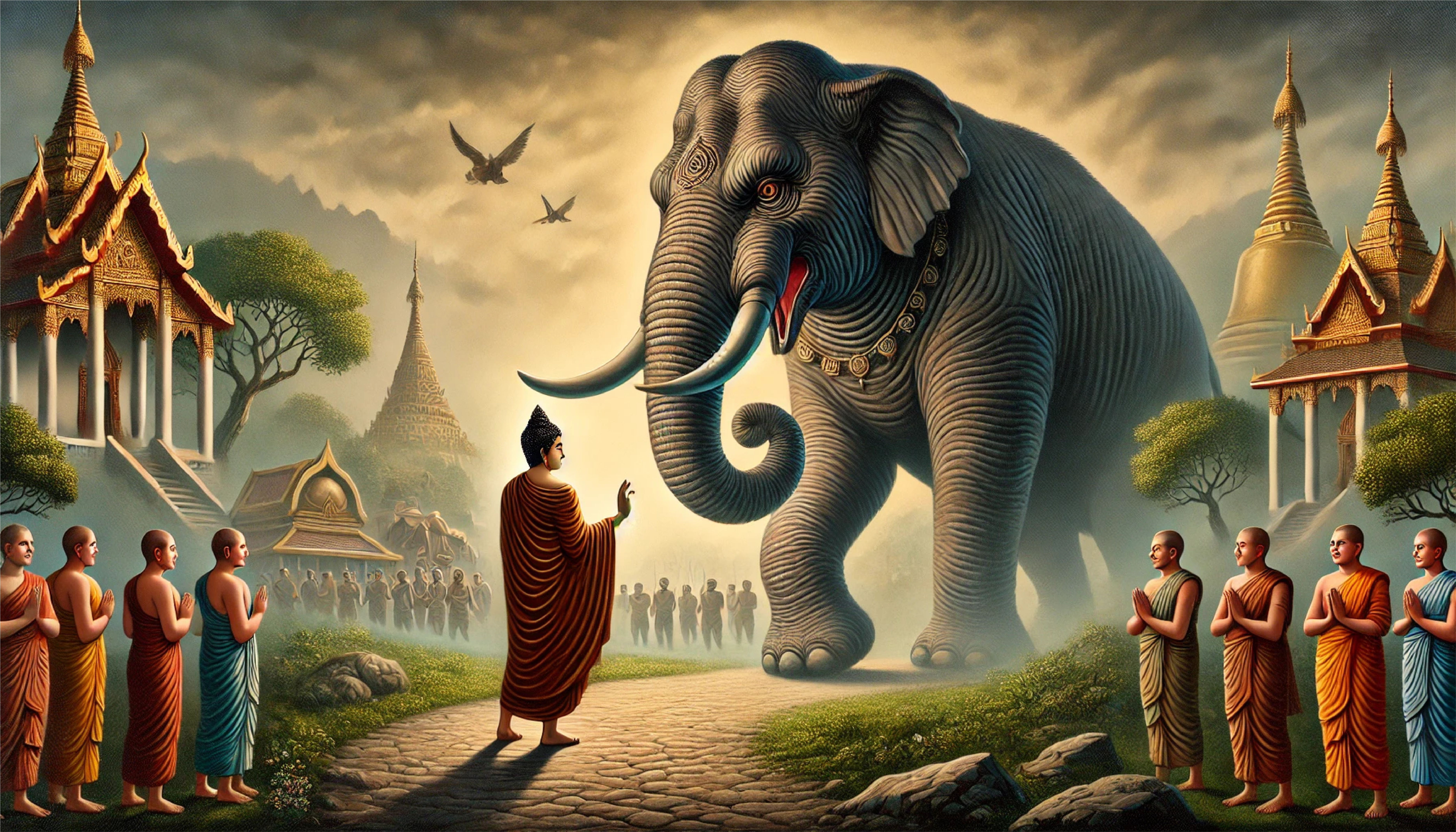 The Buddha Tames Nalagiri the Elephant